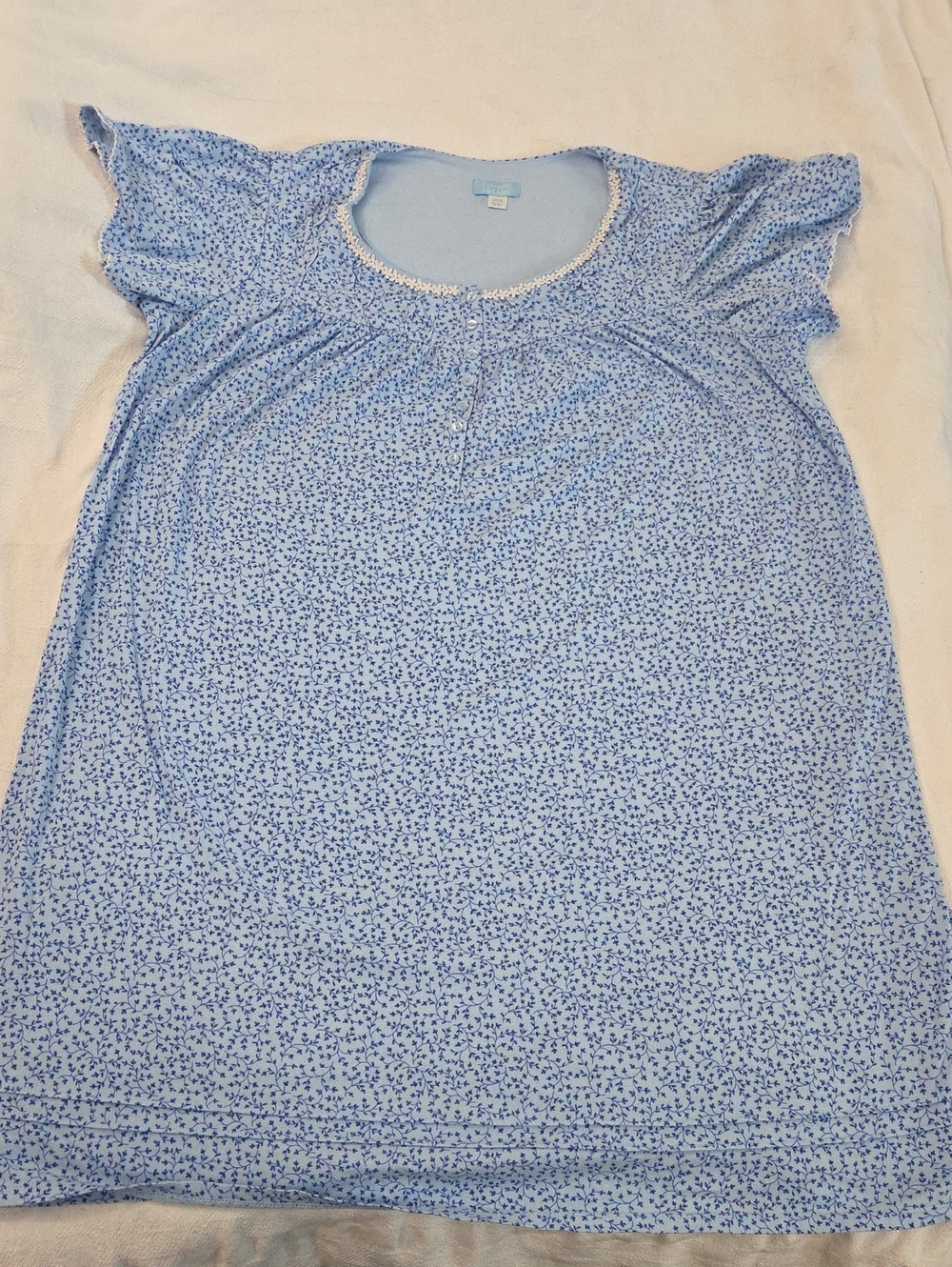 Celestial Dreams Blue Floral Nightgown 3X Pintuck Hem Floral Lace Trim Lounger